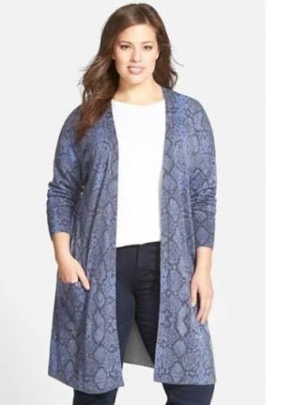 Sejour   Reptile Print Wool Blend Long Open Front Cardigan   Size 2X Plus